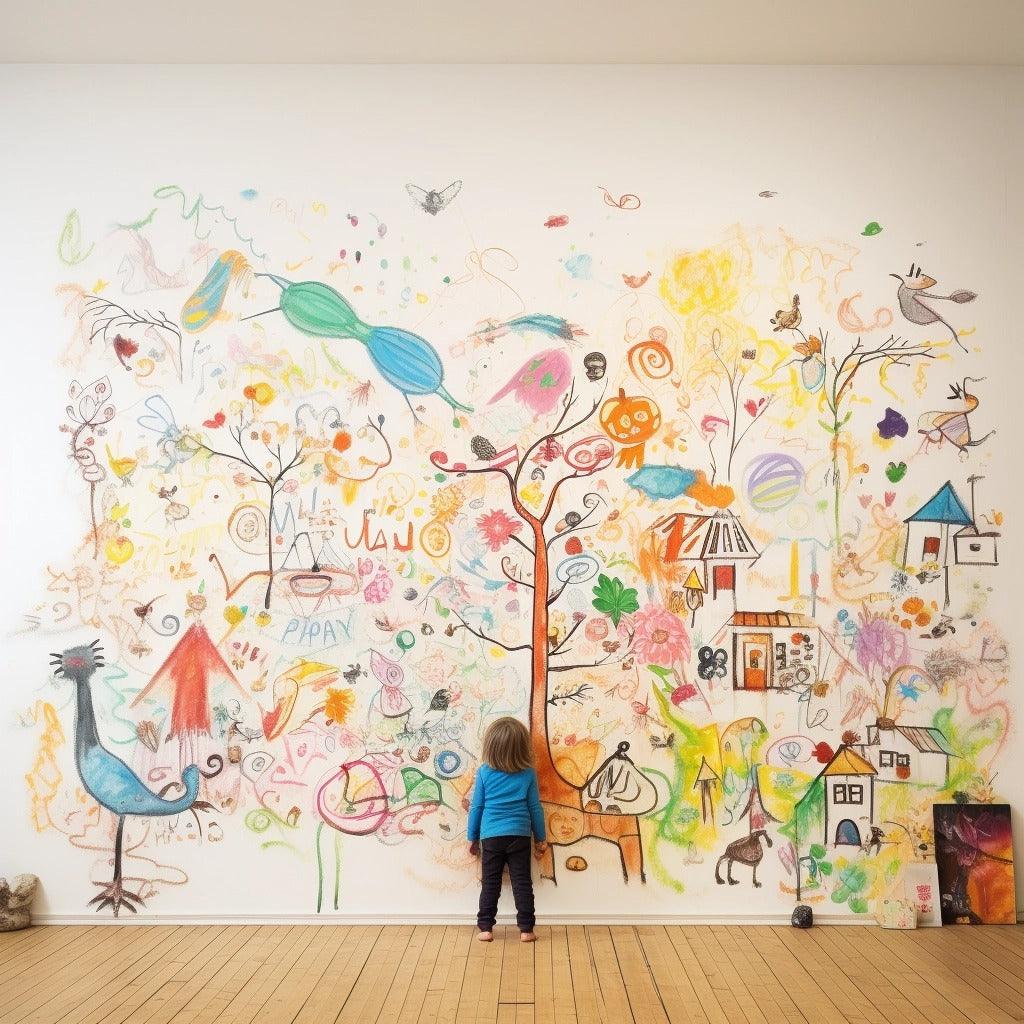 Child admiring a colorful hand-drawn mural on a wall, showcasing vibrant trees, animals, and whimsical designs.