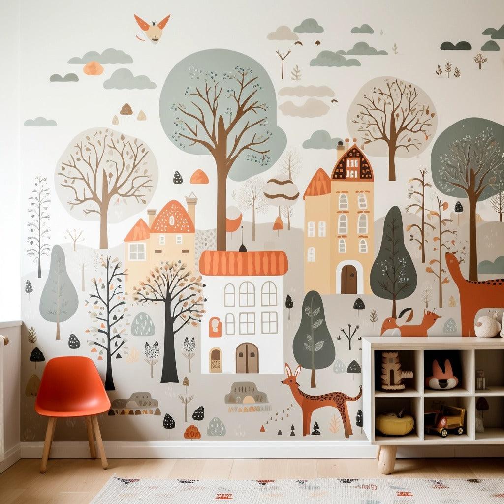 Custom wallpaper wall sticker with charming forest and houses design, perfect for kids' rooms or unique wall decor.