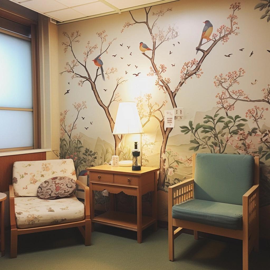 Cozy seating area with floral wallpaper and birds, featuring two chairs and a lamp, ideal for relaxation.