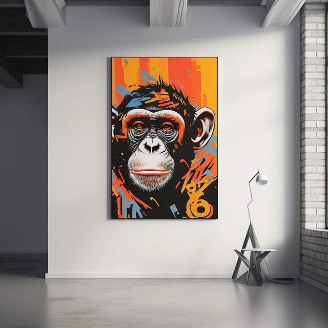 Colorful canvas wall art featuring a striking chimpanzee portrait in a modern living space.