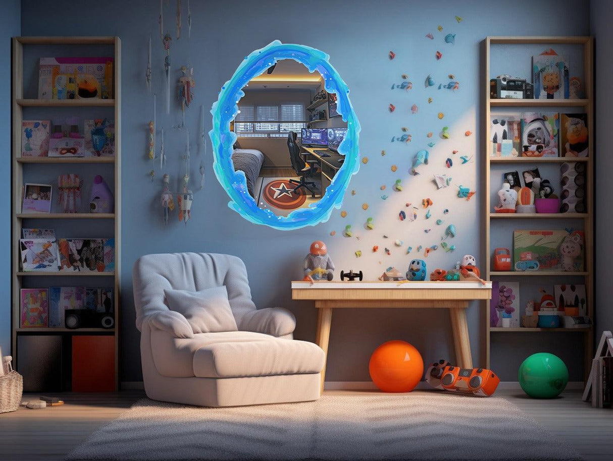 Custom blue and orange portal wall sticker reflecting a gamer's room, enhancing kid-friendly decor.