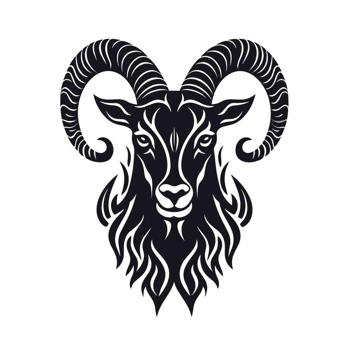 Stylized ram's head wall sticker in black and white with intricate horns and flowing mane, perfect for modern decor.