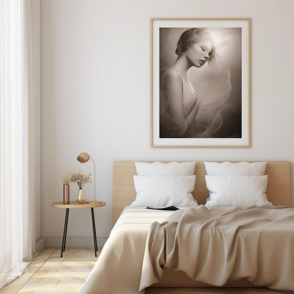 Elegant bedroom featuring a custom wall poster, adding a unique touch to interior decor with a personalized art print.
