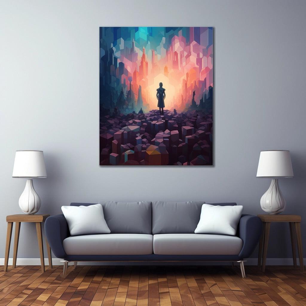 Personalized canvas wall art featuring a silhouetted figure in a colorful abstract landscape, ideal for unique home decor.