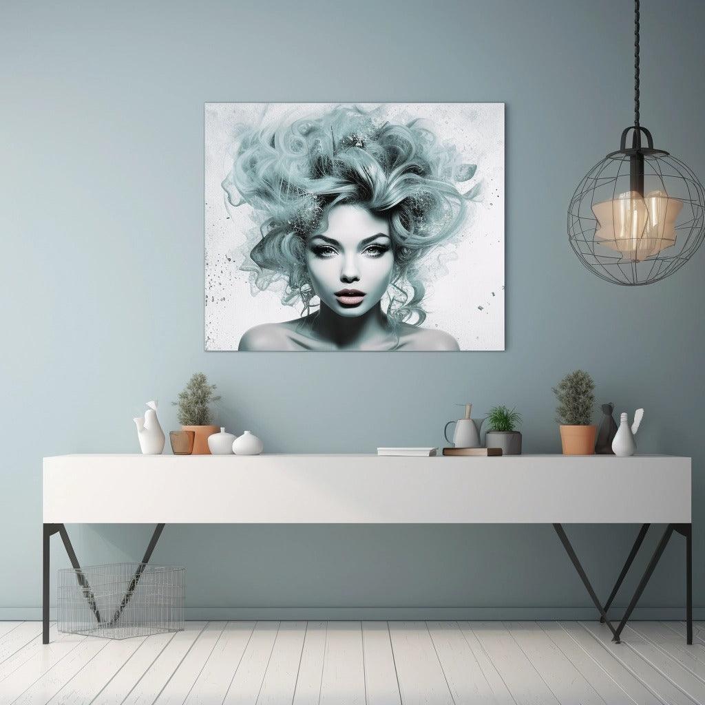 Stylish personalized canvas wall art featuring a woman with voluminous hair, perfect for unique home decor.