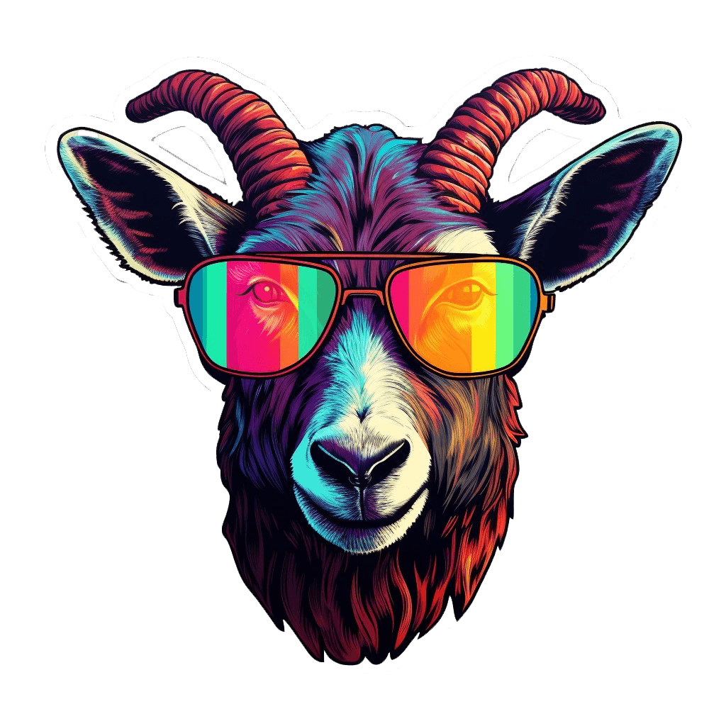 Avant-Garde Goat wearing stylish sunglasses, colorful wall decal for unique home decor.