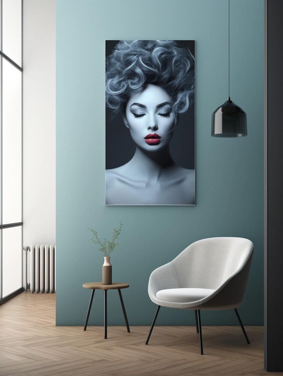 Stylish canvas wall art featuring a woman with elegant hair and bold lips in a modern living room decor.