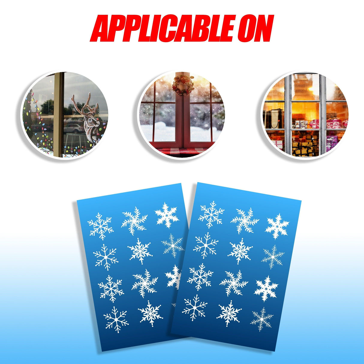 Winter snowflake stickers displayed for use on windows and smooth surfaces, enhancing holiday decor.