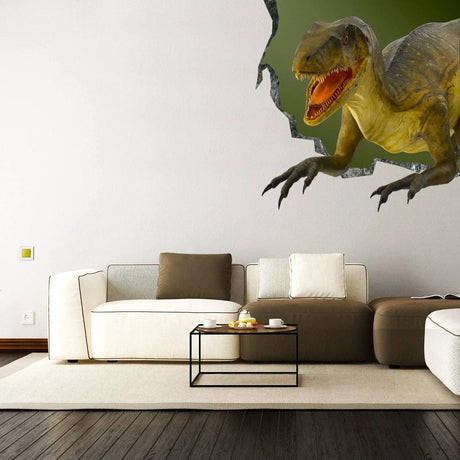 3D dinosaur wall decal featuring a roaring dinosaur bursting through a wall in a modern living room setting.