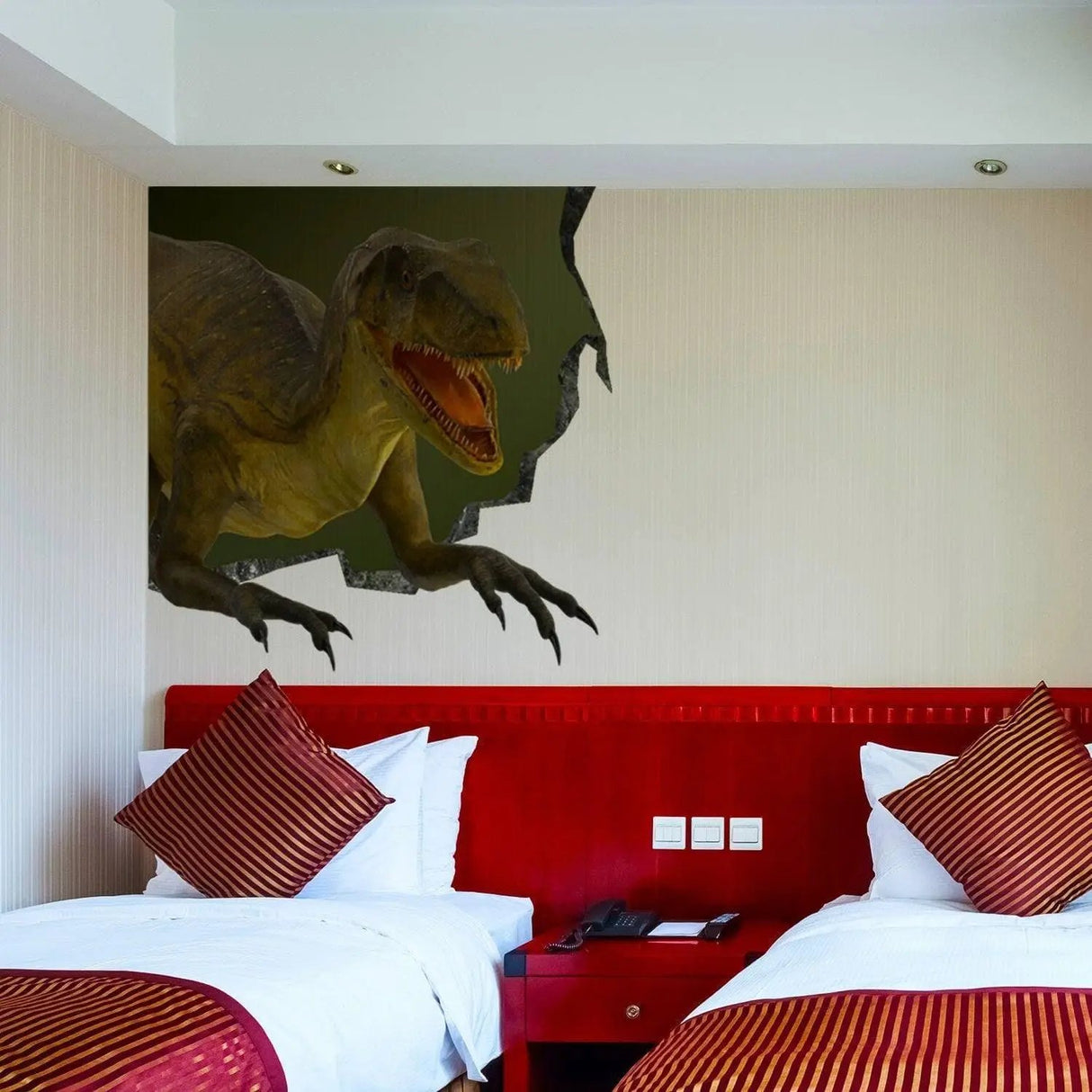 3D dinosaur wall decal in a hotel room, creating a prehistoric mural effect.