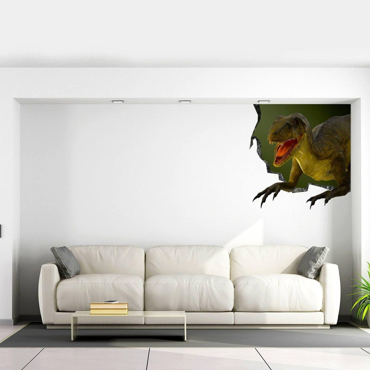 3D dinosaur wall decal featuring a t-rex bursting through a wall above a modern white sofa.