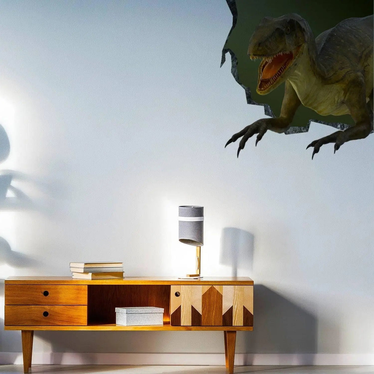 3D dinosaur wall decal of a T-Rex breaking through the wall, enhancing room decor with a prehistoric theme.