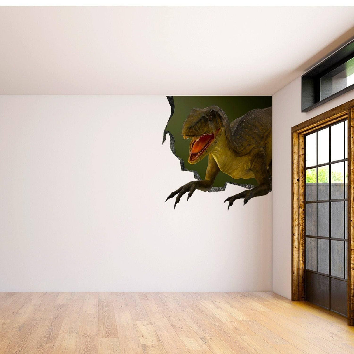 3D dinosaur wall decal showing a T-Rex emerging from a cracked wall, perfect for a prehistoric-themed room makeover.