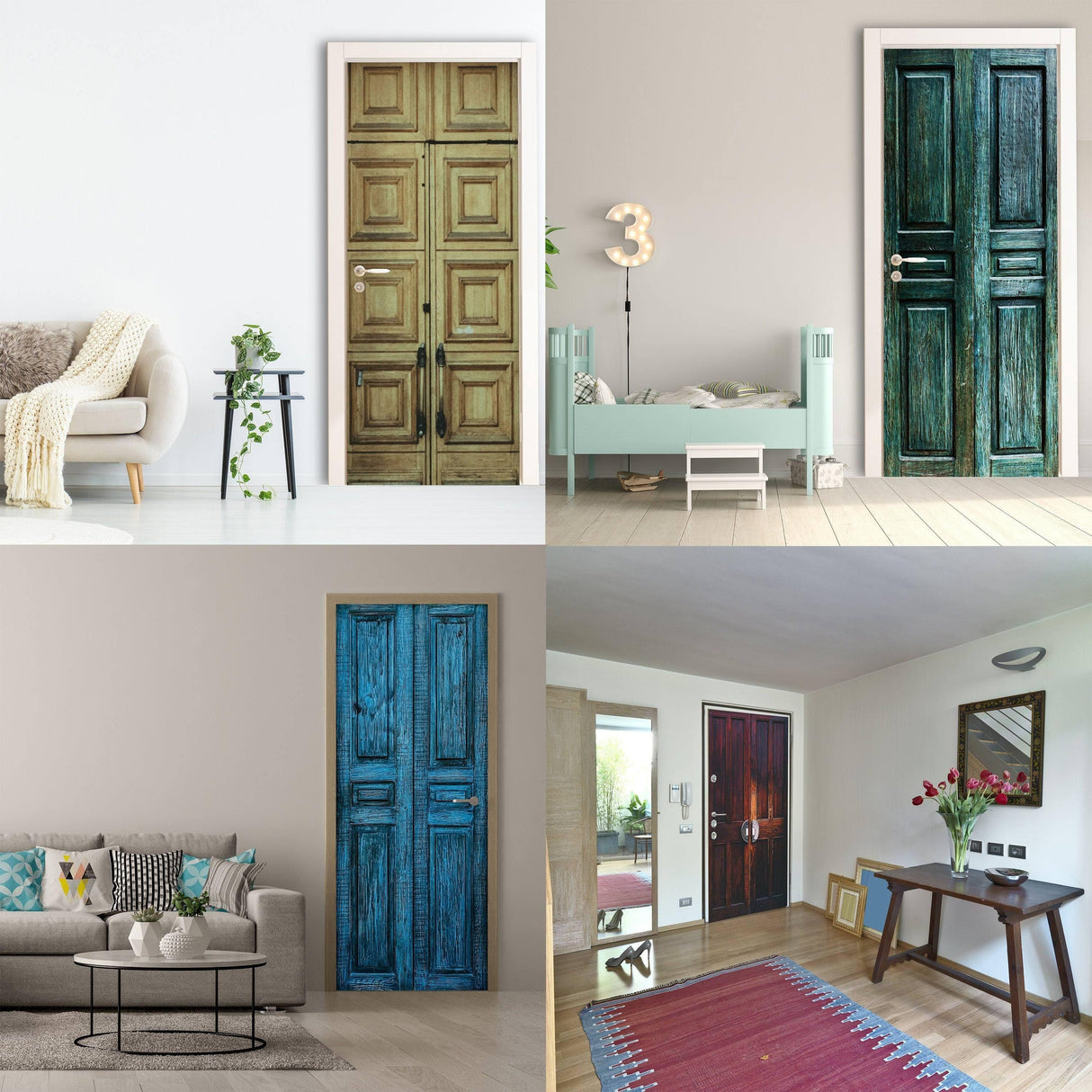 Collage of four colorful door wallpapers in modern interiors, showcasing vibrant designs for unique home decor.