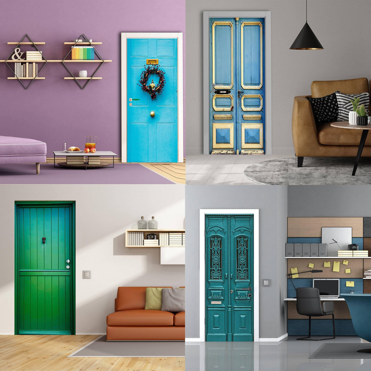 Colorful door designs in modern interiors featuring blue, green, and ornate styles, showcasing unique wall decor ideas.