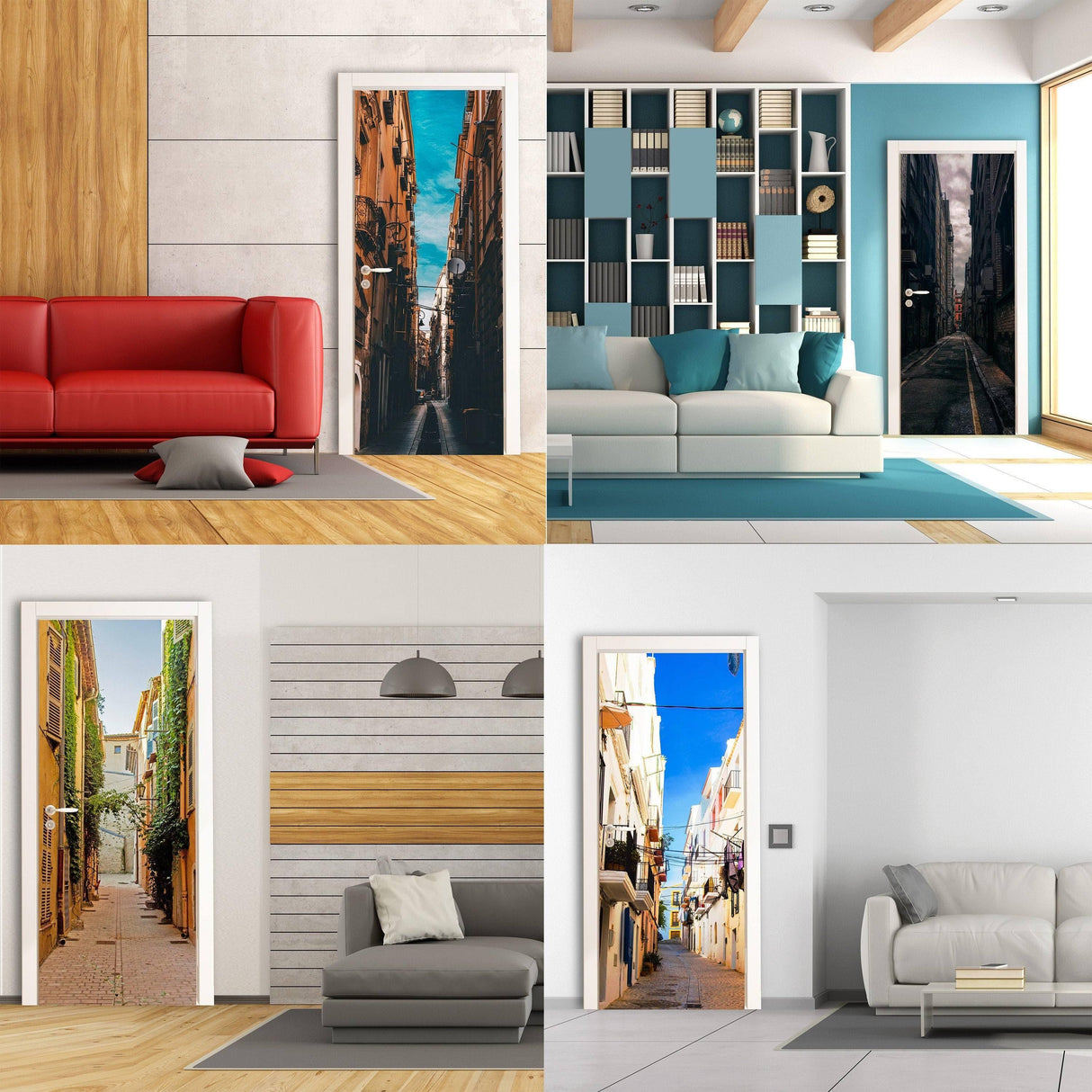 Four stylish interiors featuring 3D door murals that enhance room decor with vibrant urban designs.
