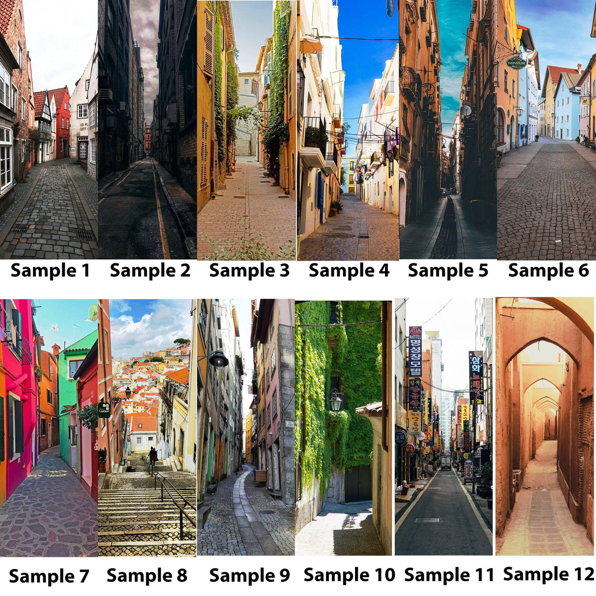 Collage of 12 street mural samples showcasing diverse urban landscapes and vibrant designs for decor inspiration.