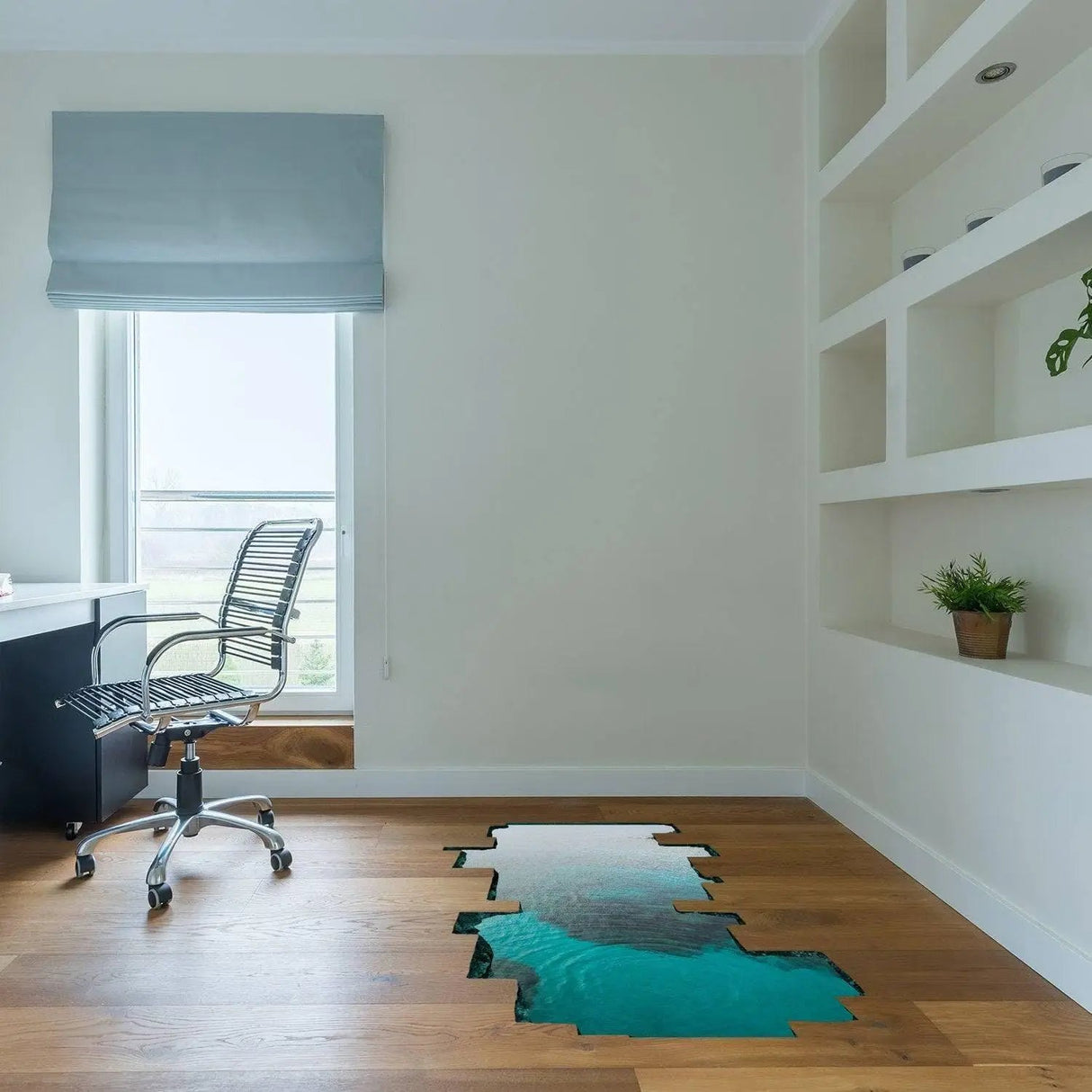 3D oceanic illusion floor decal in a modern office space, enhancing decor with a realistic underwater effect.