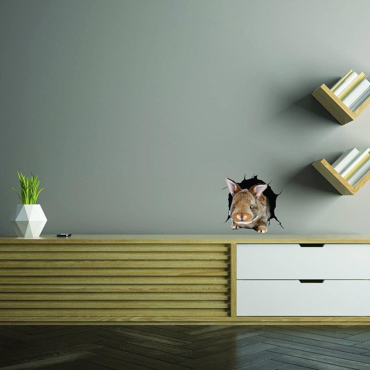 3D Rabbit wall sticker popping through wall, adding whimsical decor to kids' room.