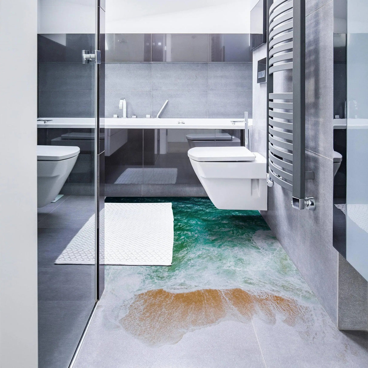 Modern bathroom featuring ocean-themed floor decals with waves and sand for a vibrant underwater oasis look.
