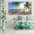 Tropical Paradise Wall Sticker creating a beach view in a stylish bedroom with green decor and cozy bedding.