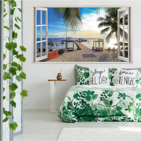 Tropical Paradise Wall Sticker creating a beach view in a stylish bedroom with green decor and cozy bedding.
