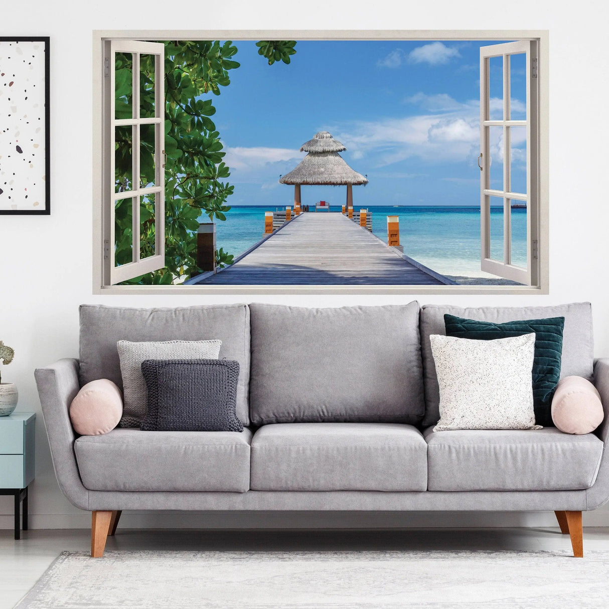 Tropical paradise wall sticker depicting a beach view through a window, perfect for home decor.