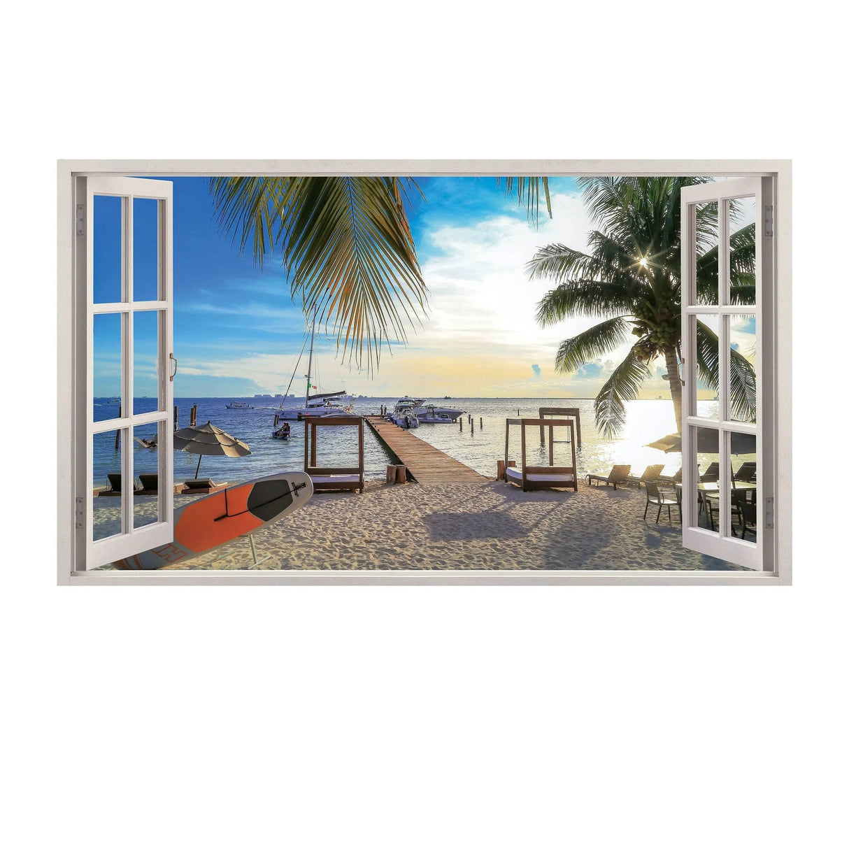 3D tropical paradise wall sticker depicting a beach view with palm trees, boats, and lounge chairs, perfect for home decor.