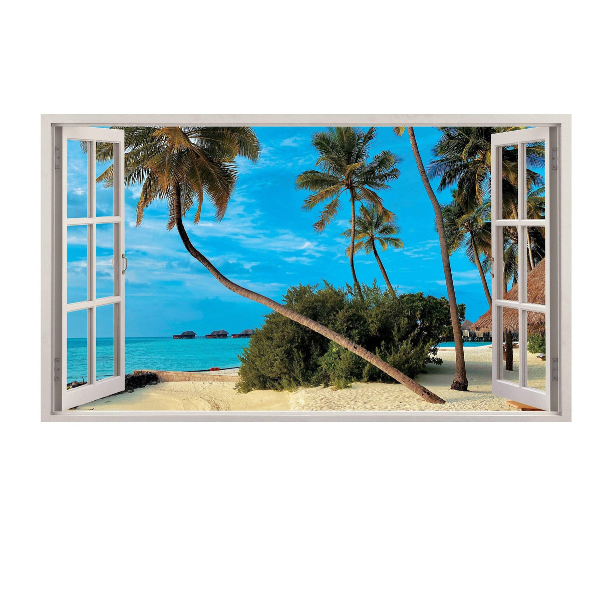3D wall decal featuring a tropical beach view with palm trees and ocean scenery.