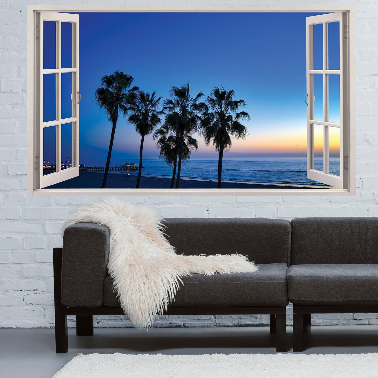 3D beach view wall sticker with open windows showing palm trees and ocean at sunset, perfect for home decor.