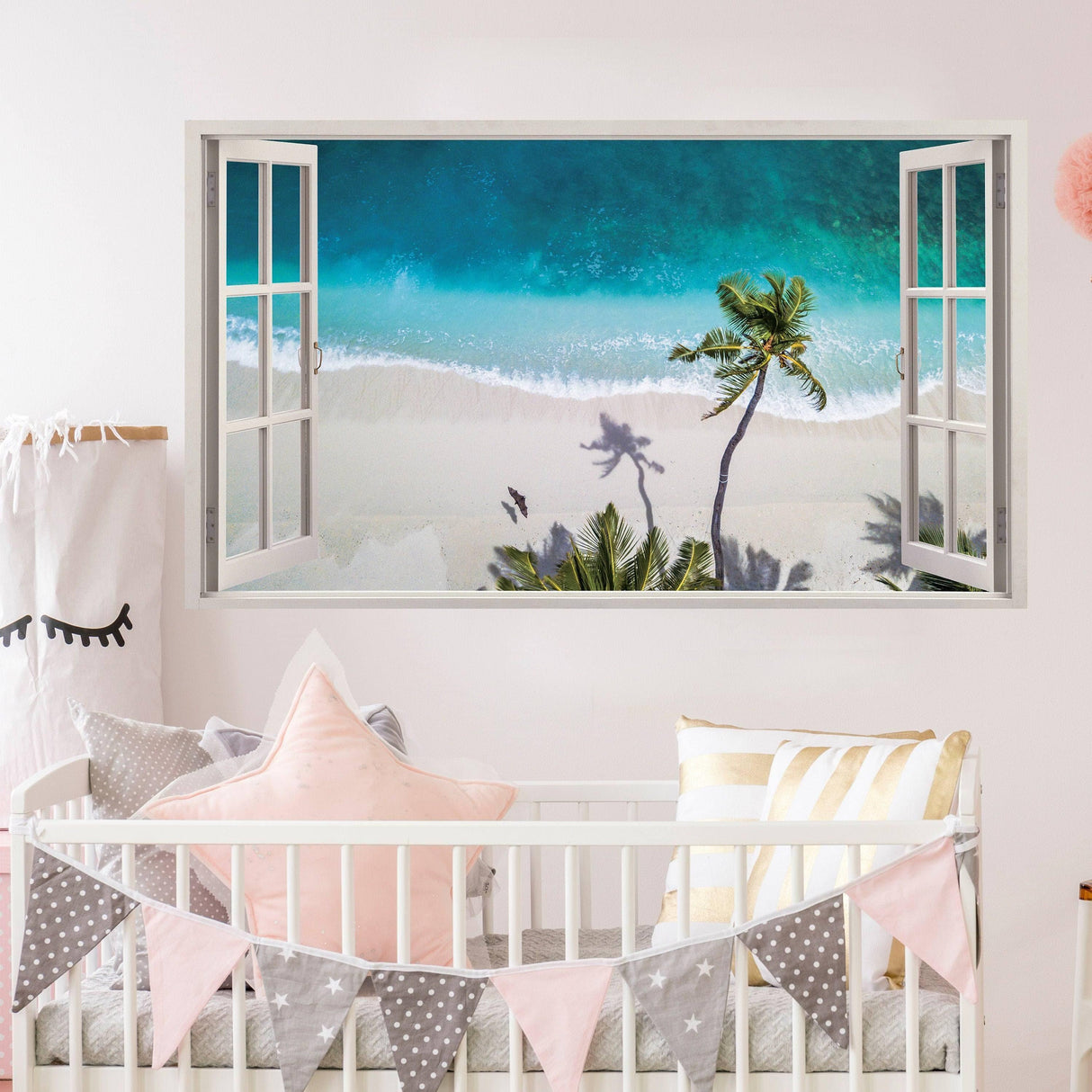 Tropical paradise window sticker featuring a beach view with palm trees and turquoise water, ideal for home decor.