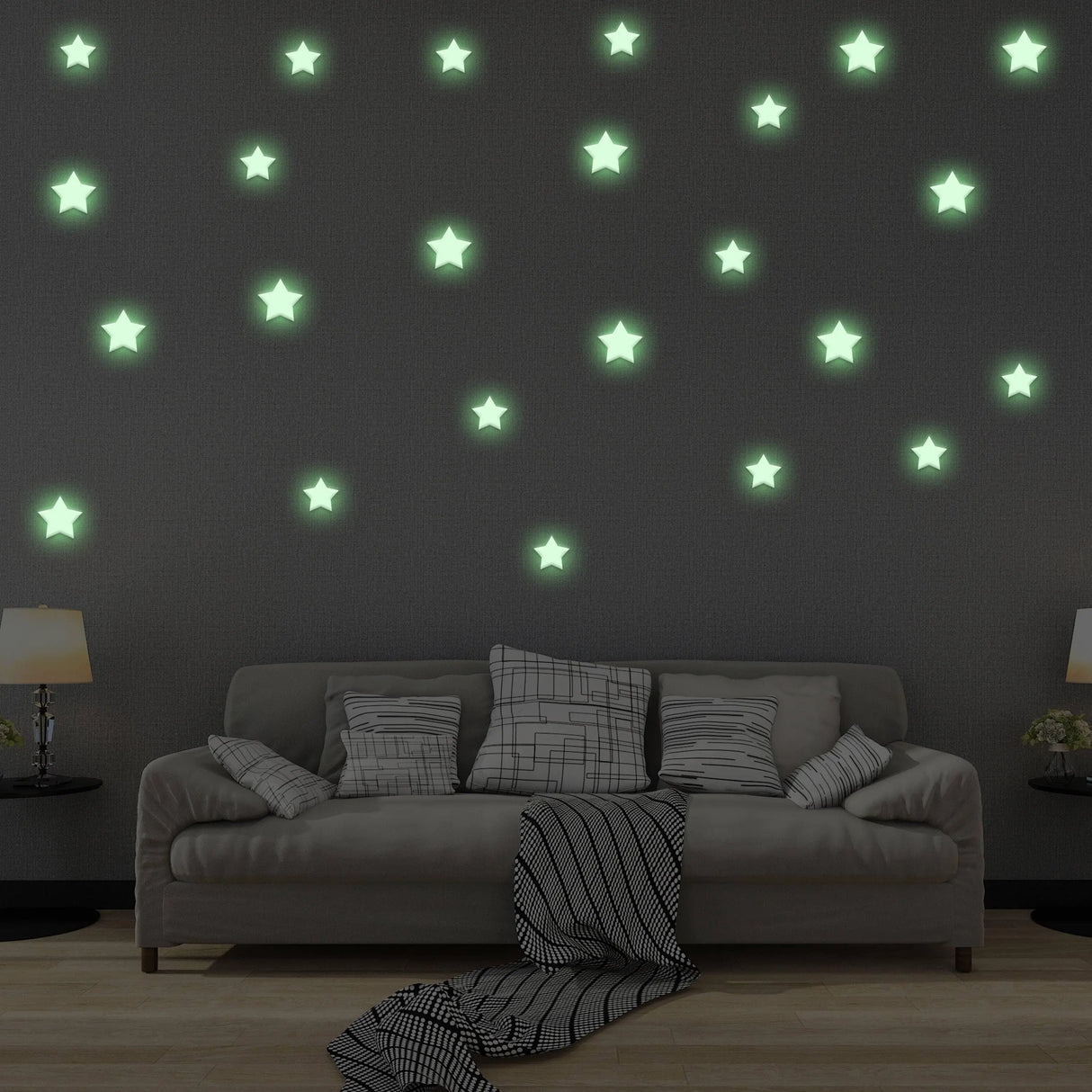 Cozy living room with glow in the dark star stickers decorating the wall, enhancing a magical atmosphere.