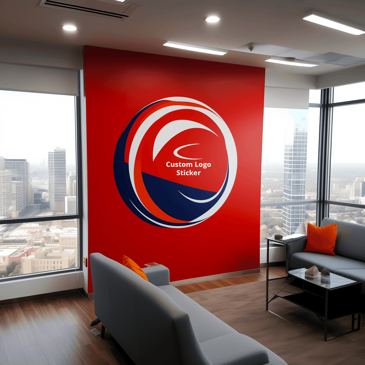 Custom logo wall sticker in modern office setting enhancing interior design.
