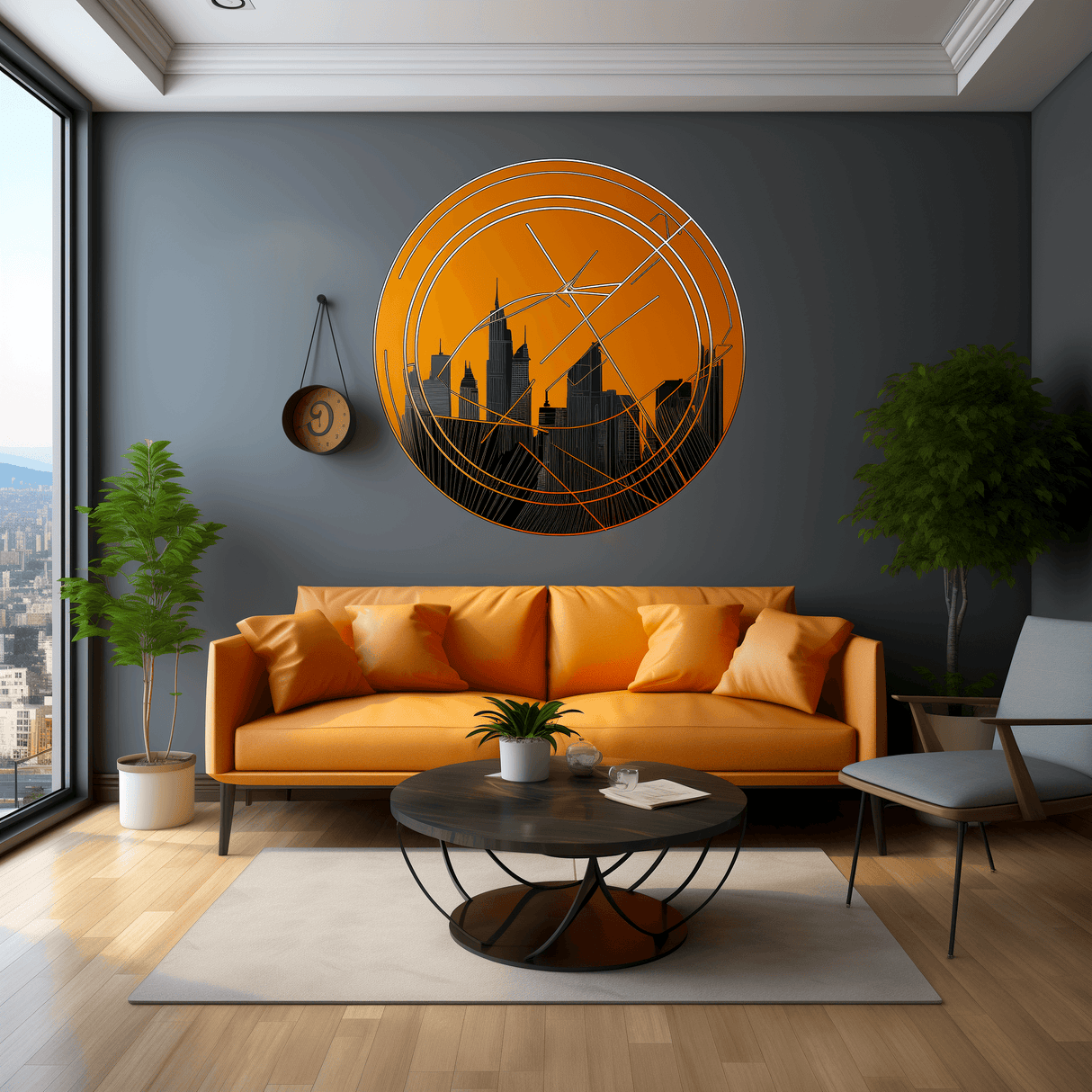 Modern living room featuring an orange vinyl wall sticker of a city skyline above a cozy sofa.