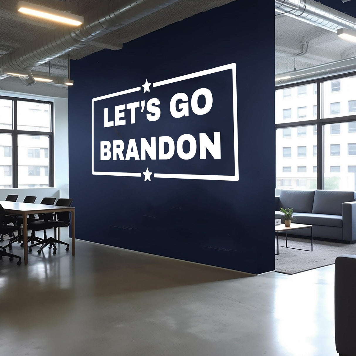 Let's Go Brandon vinyl decal on a blue wall in a modern office setting, showcasing political support.