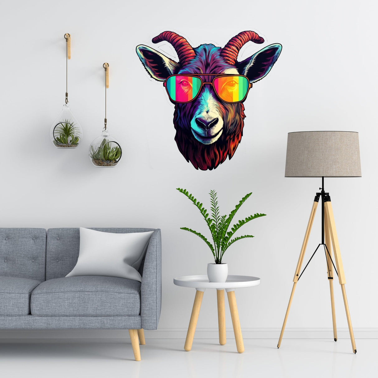 Avant-Garde Goat Wall Decal with Sunglasses in a modern living room setting, adding a whimsical touch to home decor.