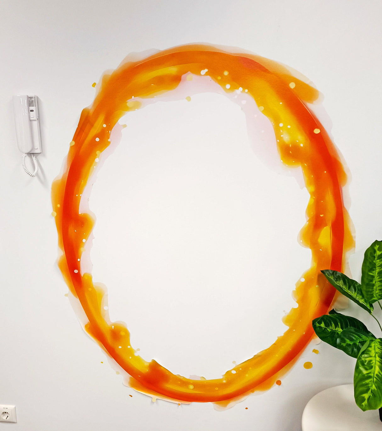 Vibrant orange portal wall sticker decor on a white wall, perfect for gamer and geek room aesthetics.