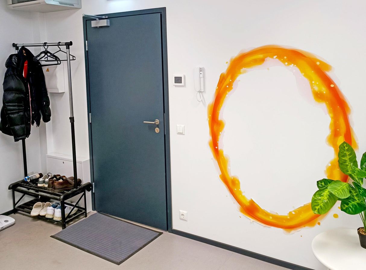 Custom orange portal wall sticker on a white wall, enhancing room decor with vibrant colors.