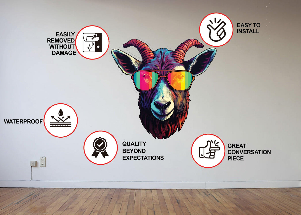 Vibrant avant-garde goat wall decal with sunglasses, showcasing easy installation and waterproof features.