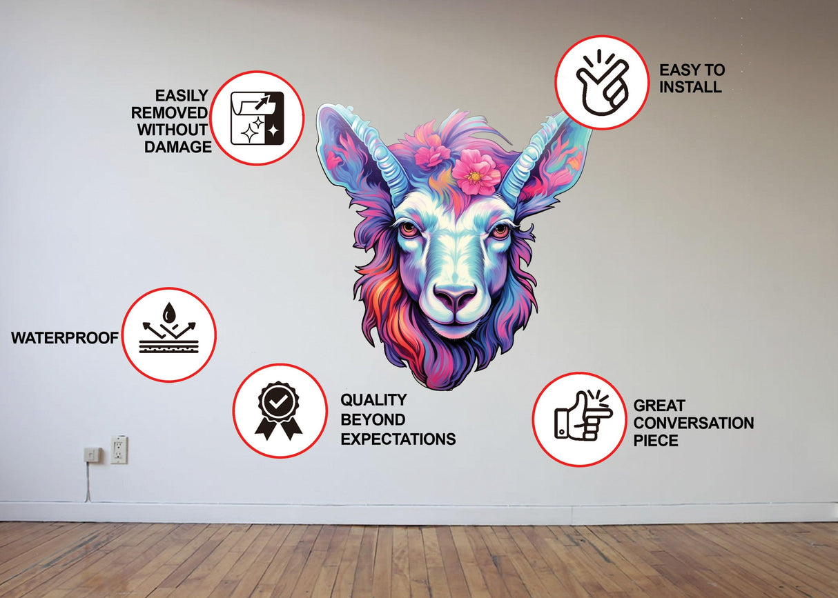 Psychedelic goat head sticker on wall with highlighted features: easy to install, waterproof, removable, high-quality decor.