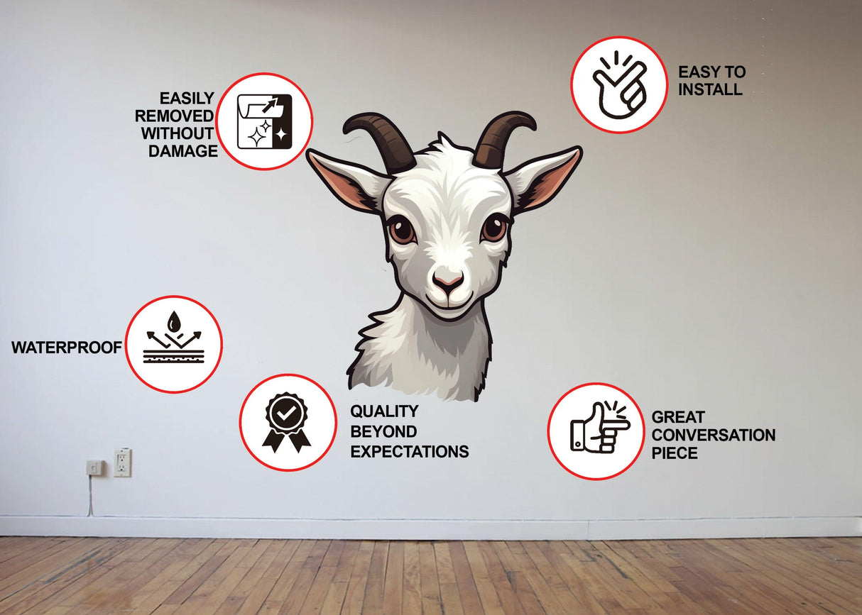 Playful baby goat wall sticker on a wall, featuring installation benefits like waterproof and easy to remove.