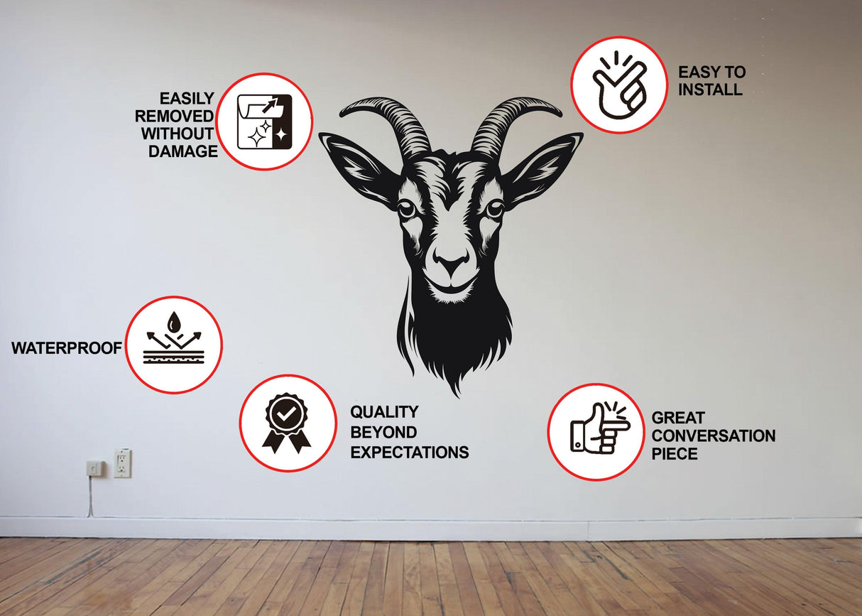Goat wall sticker decal showcasing installation features, waterproof design, and high-quality craftsmanship.