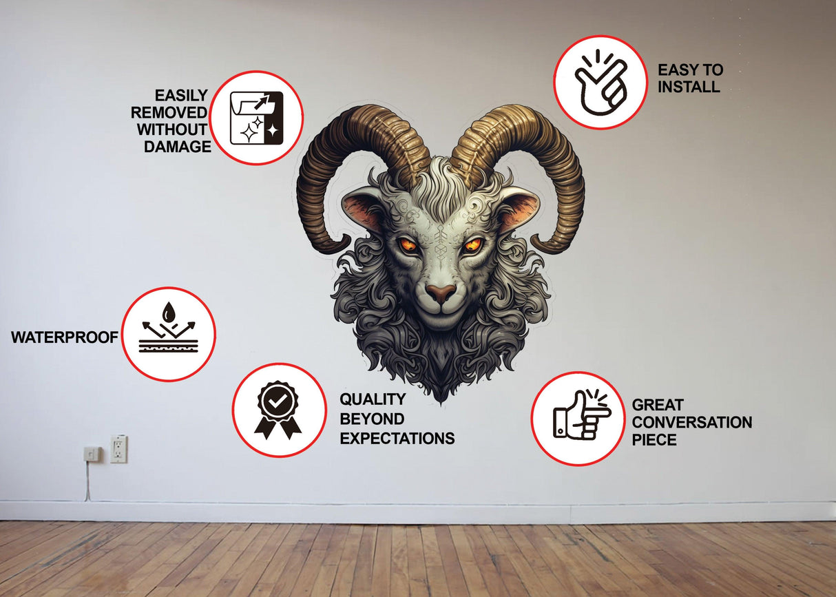 Gothic surrealism Old Goat Head wall sticker features easy installation, waterproof, and quality design statements.