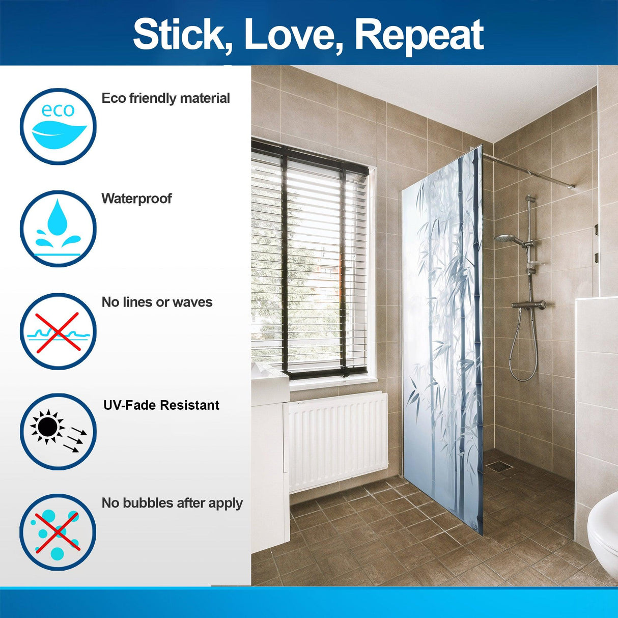 Shower door with tranquil bamboo forest decal, showcasing eco-friendly feature icons and bathroom decor.