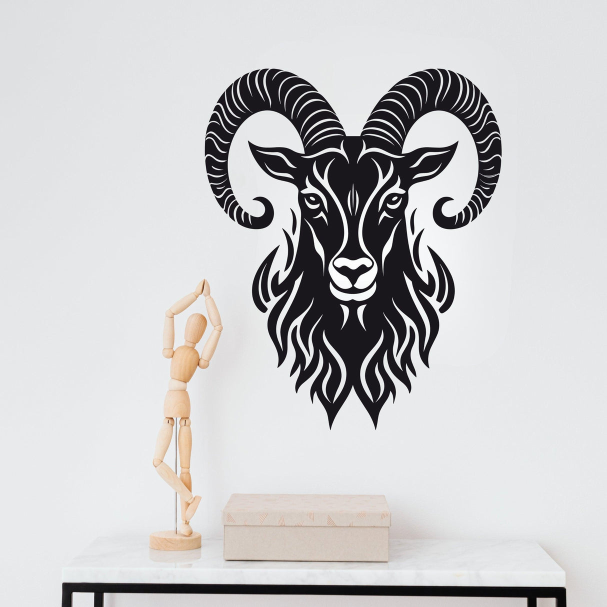 Stylized Ram's Head Wall Sticker in black and white with curly horns and a flowing mane.