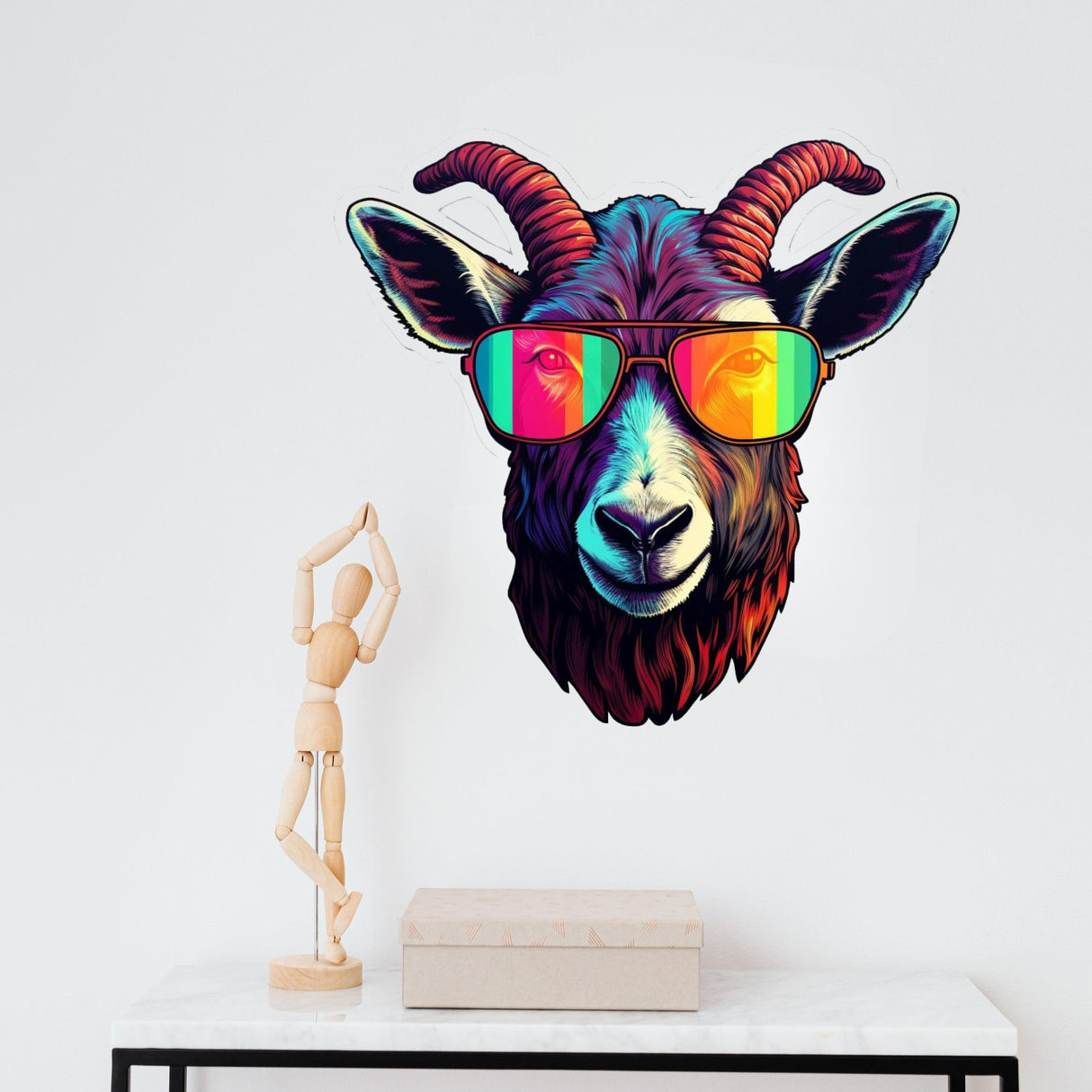 Colorful avant-garde goat wall decal with sunglasses, ideal for unique home decor.