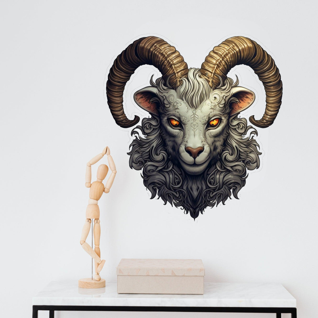 Gothic surrealism Old Goat Head Wall Sticker featuring a detailed, weathered goat head with striking golden eyes.