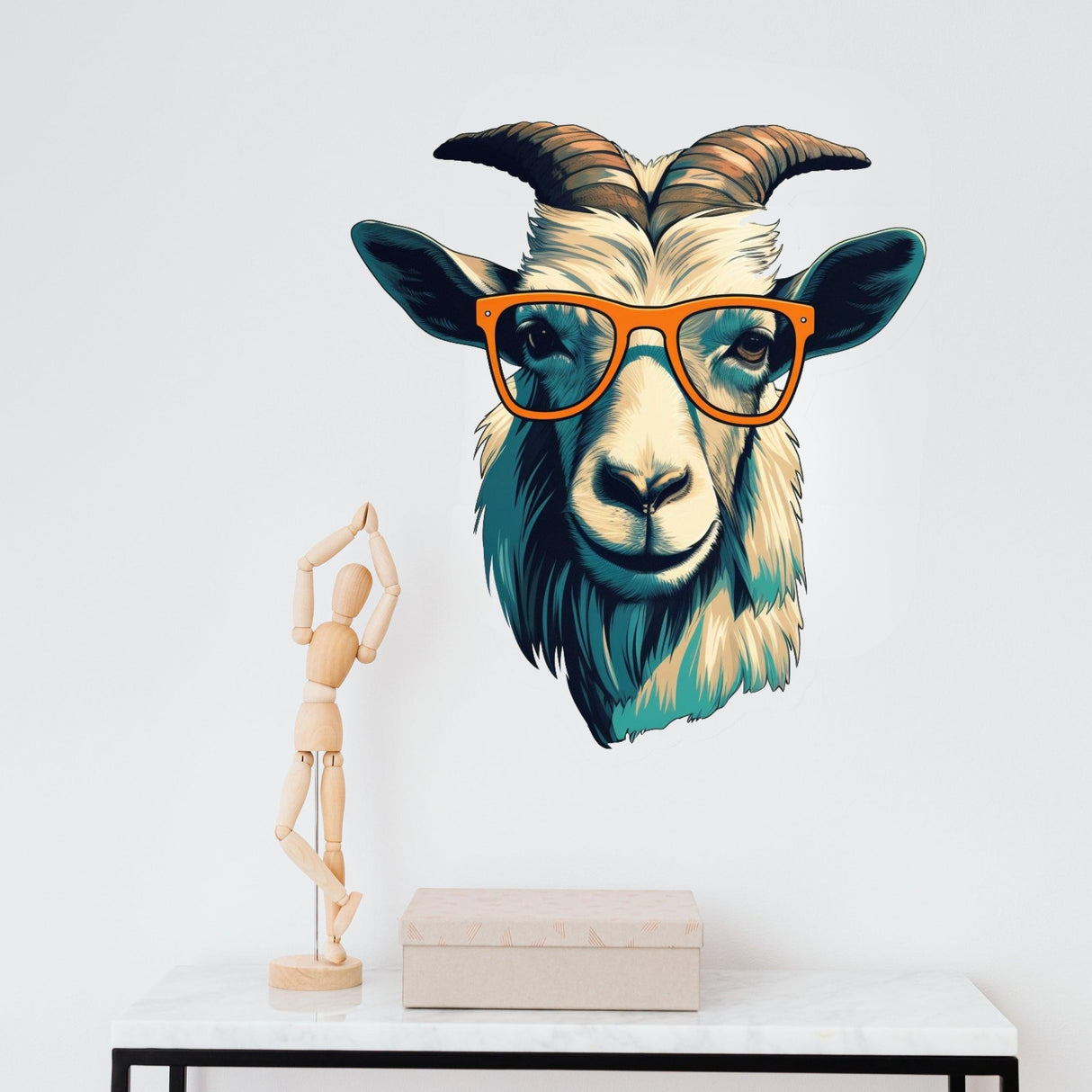 3D goat head wall decal with glasses, featuring vibrant light indigo and amber colors, perfect for unique home decor.