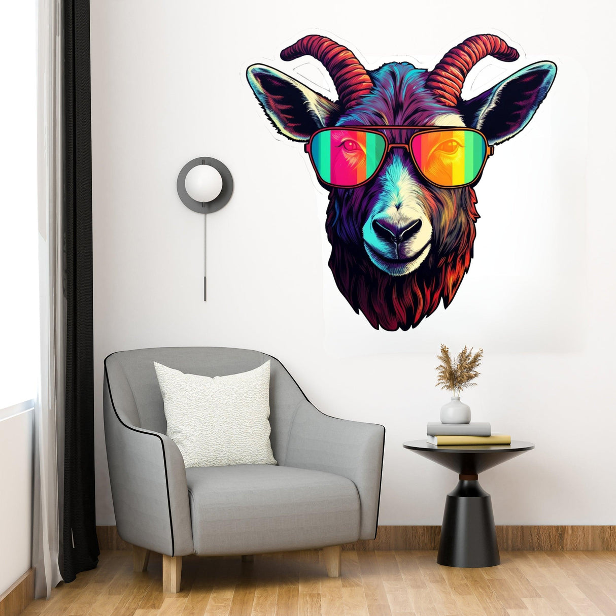 Colorful avant-garde goat wall decal wearing sunglasses in stylish living room decor.