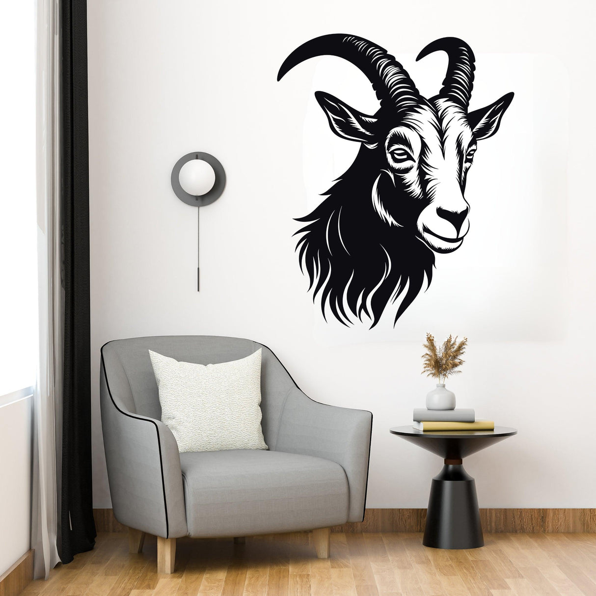 Large zodiac goat wall decal art in a modern living room, enhancing the decor with astrological symbolism.